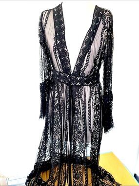The Pyramid Collection Black Sheer Lace Long Robe